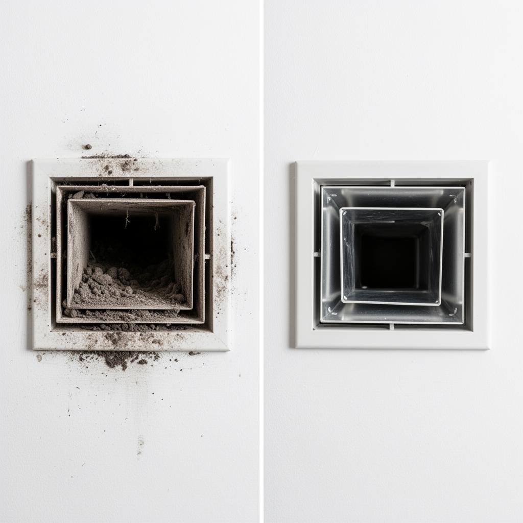 Before and after photo of a dirty vs. clean air duct vent